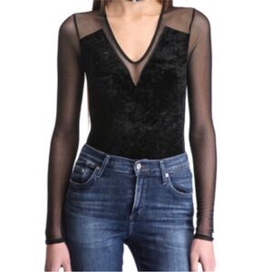 BCBGENERATION velvet and mesh Black Sheer Long Sleeve bodysuit